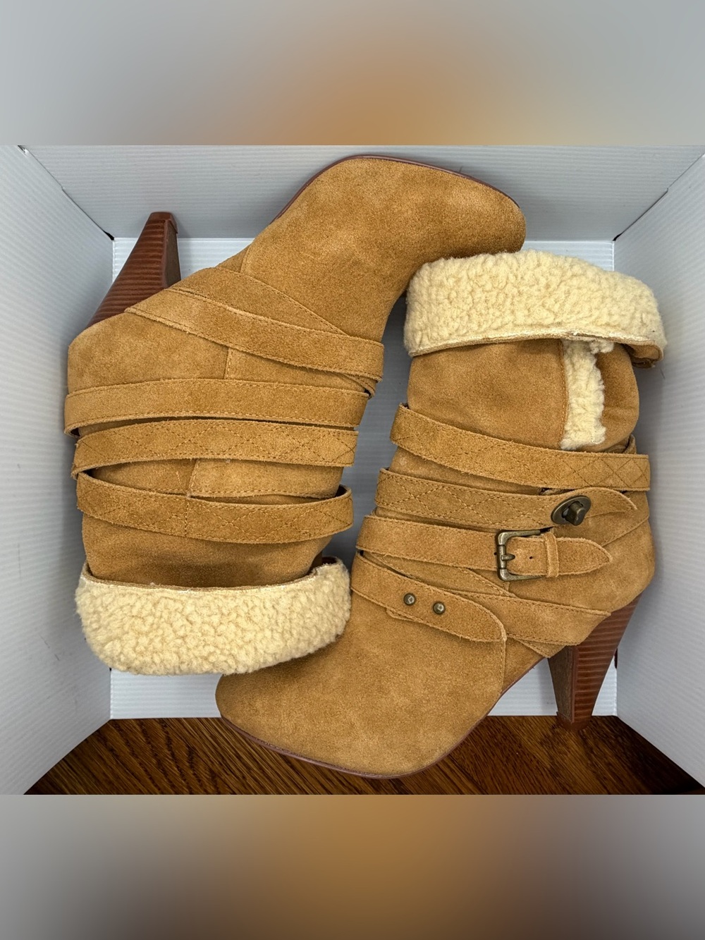 Women’s Nine West Suede Fold-Over Ankle Boots in Camel